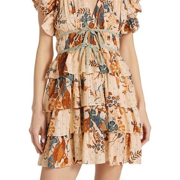 Ulla Johnson Marni Mini Dress Vintage Floral Ruffle Skirt in Egret Size 8 (M) - Picture 5 of 7